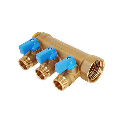Коллектор HOOBS с шаровыми кранами, латунь, 3/4 х2х1/2 EK, синяя ручка