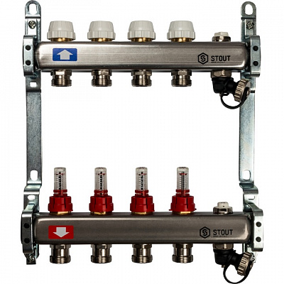 Коллектор Stout из нержавеющей стали с расходомерами, с клапаном вып. воздуха и сливом 1/3/4x4, SMS-0927-000004