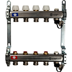 Коллектор Stout из нержавеющей стали без расходомеров, с клапаном вып. воздуха и сливом 1/3/4x4, SMS-0932-000004