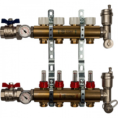 Коллектор Stout распределительный из латуни с расходомерами 1/3/4x4, SMB 0473 000004