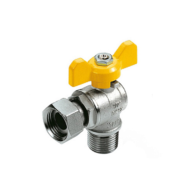 Кран шаровой Tiemme 2224G НВ 1/2 газовый угловой со сгоном, бабочка желтая