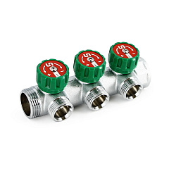 Коллектор UNI-FITT НВ 1 х 3 вых 3/4 ЕК, с выходами под 90 гр., 45 мм, с вентилями, хром