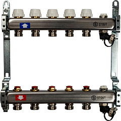 Коллектор Stout из нержавеющей стали без расходомеров, с клапаном вып. воздуха и сливом 1/3/4x5, SMS-0932-000005