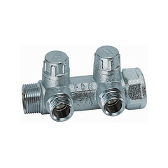 Запорный коллектор FAR 1 (ВР-НР) с 2 отводами 1/2 НР (межосевое 45 мм), плоское присоединение