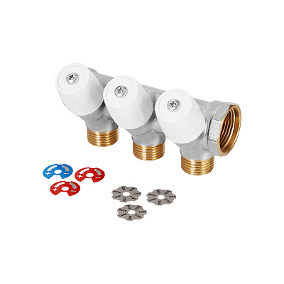 Коллектор HOOBS с вентилями, латунь никель, 3/4 х4х1/2 EK, белая ручка