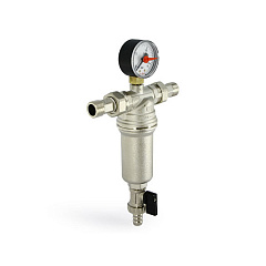 Фильтр промывной UNI-FITT ВН 1/2 х 3/4 с редукц. соед., со сливным шаровым краном и манометром, никелир.