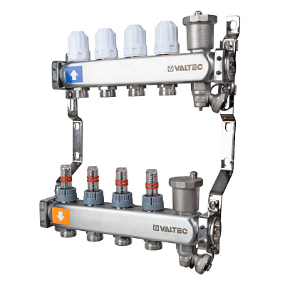Коллекторная группа VALTEC НЕРЖ с регул. клап. и расх., 1х8 вых. Евроконус 3/4
