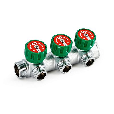 Коллектор UNI-FITT НВ 3/4 х 4 вых 1/2 универсальный, с выходами под 90 гр., 45 мм, с вентилями, хром