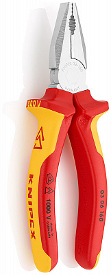 Плоскогубцы KNIPEX комб. VDE, рез: провол. ср. d 3.1 мм, твёрд. d 2 мм, кабель d 10 мм (16 мм?), L-160 мм, хром, 2К ручки