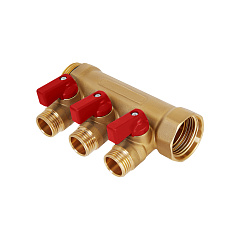 Коллектор HOOBS с шаровыми кранами, латунь, 3/4 х4х1/2 EK, красная ручка