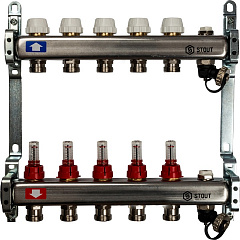 Коллектор Stout из нержавеющей стали с расходомерами, с клапаном вып. воздуха и сливом 1/3/4x5, SMS-0927-000005