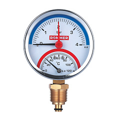 Термоманометр Rommer радиальный в комплекте с запорным клапаном, 80 мм , 0...120, 0...10 бар, 1/2