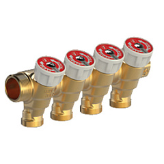 Коллектор Giacomini для водоснабжения, с вентилями, R585C, латунь, 3 отвода, 1 x 16