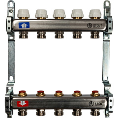 Коллектор Stout из нержавеющей стал с запорными клапанами 1/3/4x5, SMS 0922 000005