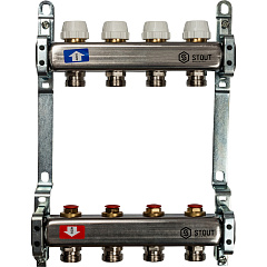 Коллектор Stout из нержавеющей стал с запорными клапанами 1/3/4x4, SMS 0922 000004