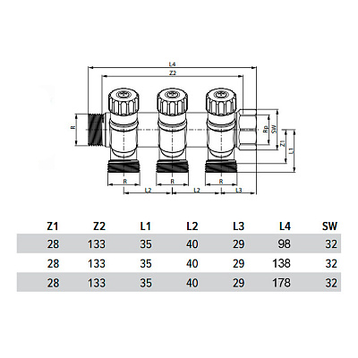 Коллектор TECE универсальный с запорными вентилями, 1 х 3/4 Ek, 2 вывода