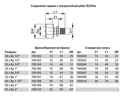 Соединение TECE TECEflex прямое с внутренней резьбой, 20 х 3/4, латунь