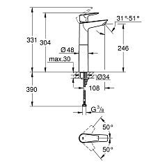 Смеситель для раковины чаши Grohe BauEdge для свободностоящей, XL-Size, хром
