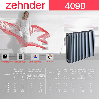 Стальной трубчатый радиатор отопления Zehnder 4090 / 1 секция