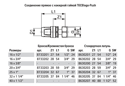 Соединение TECE TECElogo прямое с накидной гайкой 40 х 11/2, латунь
