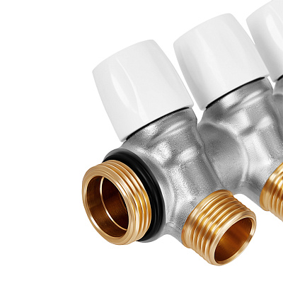 Коллектор HOOBS с вентилями, латунь никель, 3/4 х2х1/2 EK, белая ручка