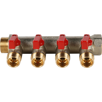 Коллектор Stout с шаровыми кранами 3/4x1/2 с 4 отводами, красный, SMB 6200 341204