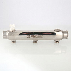 Этажный коллектор VALTEC из нержавеющей стали, с межосевым расстоянием выходов 100мм, 1 дюйм х 2 выхода 1/2 дюйма наружу