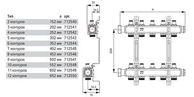 Коллектор TECE для систем отопления с запорными вентилями 1х3/4ЕК 2 контура, квадратное сечение