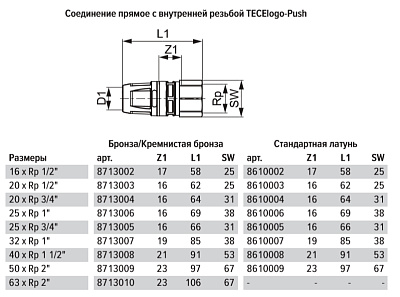 Соединение TECE TECElogo прямое с внутренней резьбой 63 х 2, бронза