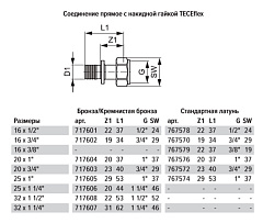 Соединение TECE TECEflex прямое с накидной гайкой 20 х 3/4, латунь