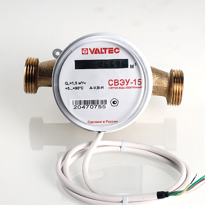 Водосчетчик VALTEC универсальный СВЭУ, проводной RS-485, до +90С, 1,5м3, 1/2, 110 мм, без сгонов