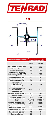Биметаллический секционный радиатор отопления Tenrad BM 350х80 / 1 секция