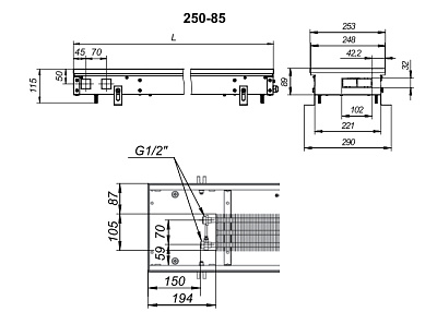 Внутрипольный конвектор с естественной конвекцией Techno KVZ 250-85-2600