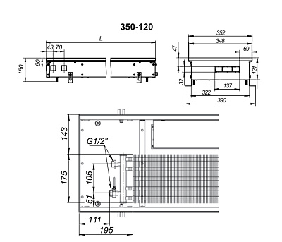 Внутрипольный конвектор с вентилятором Techno KVZV 350-120-2000