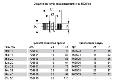 Соединение TECE TECEflex труба-труба редукционное, 25 х 16, бронза, наружная резьба