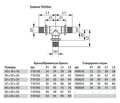 Тройник TECE TECEflex 90 гр. 16 x 16 x 16, бронза