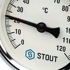 Термометр Stout биметаллический с погружной гильзой 50 мм, D63 мм, 0...120, 1/2, резьба с самоуплотнением