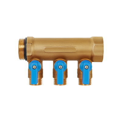 Коллектор HOOBS с шаровыми кранами, латунь, 3/4 х3х1/2 EK, синяя ручка