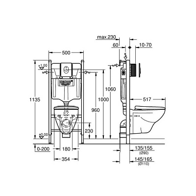 Комплект инсталляции Grohe Solido Compact 4 в 1 с подвесным унитазом Lecico Perth и панелью смыва Skate Air, белый (39116000)