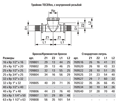 Тройник TECE TECEflex 90 гр, с внутренней резьбой, 25 х 3 4 х 25, бронза, внутренняя резьба