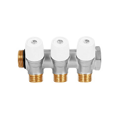 Коллектор HOOBS с вентилями, латунь никель, 3/4 х2х1/2 EK, белая ручка