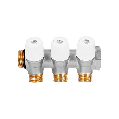 Коллектор HOOBS с вентилями, латунь никель, 3/4 х2х1/2 EK, белая ручка