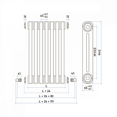 Стальной трубчатый радиатор отопления IRSAP TESI 2 двухтрубный 565мм, 8 секций, цвет - Серый Манхэттен, подкл. 25 (нижнее 1/2 вентиль сверху)