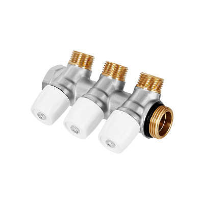 Коллектор HOOBS с вентилями, латунь никель, 3/4 х2х1/2 EK, белая ручка